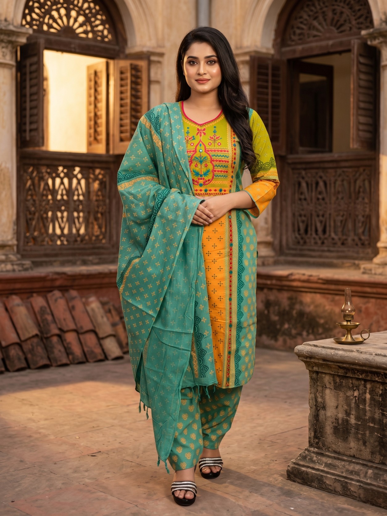 Zari-Enchanted Mustard & Teal Salwar Kameez Set