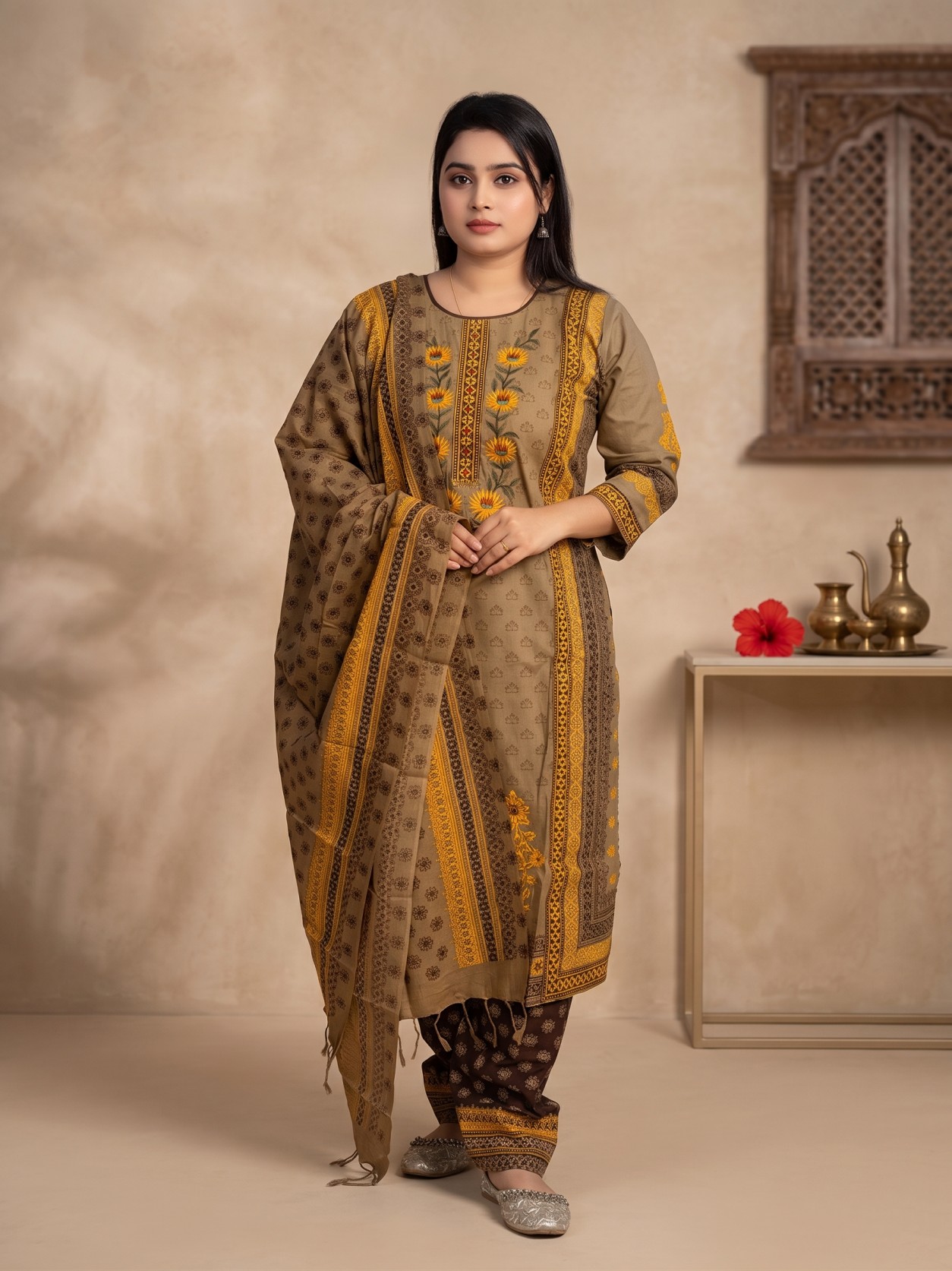 Coffee Gold Floral Embroidery Cotton Three-Piece